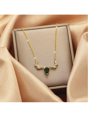 Gold Tone Antler Pendant Necklace w/ Green & White Cubic Zirconia Stones NWT
